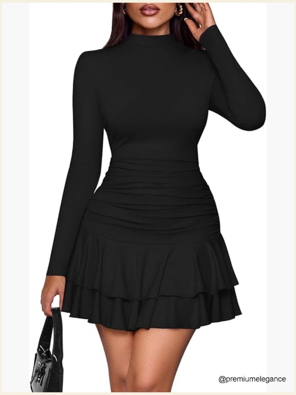 Women's Mock Neck Ruched Long Sleeve Bodycon Mini Party Dress